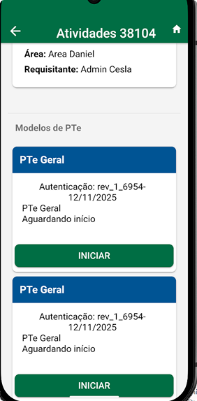 Tela antiga do aplicativo de PT-e com botões genéricos e informação repetida
