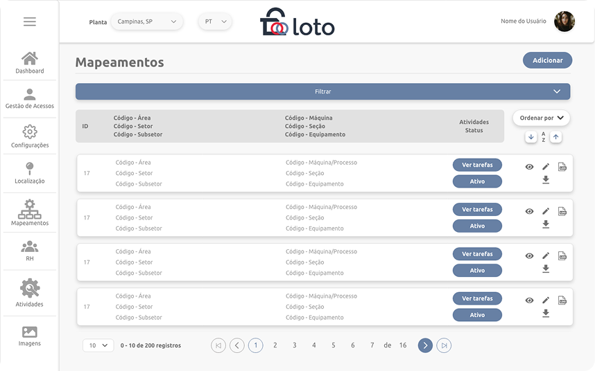 Tela anterior de mapeamentos do Loto, com botões repetidos e status pouco visível