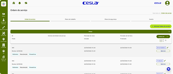 Nova interface web do Horus, com etapas do fluxo de ordem de serviço