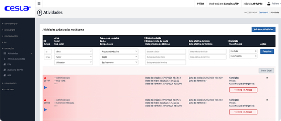 Interface do sistema legado, com tabelas densas e filtros sobrecarregados