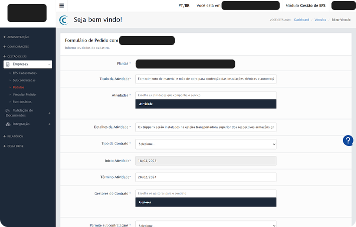 Tela do sistema legado Gestão de EPS, com formulário denso e menu lateral extenso
