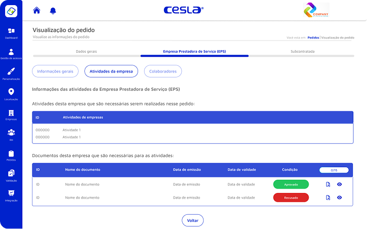 Nova interface do Hive com abas de pedido, atividades e documentos por empresa