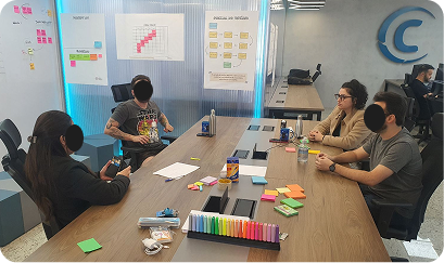 Workshop de Lean Inception com stakeholders em sala com quadros e post-its