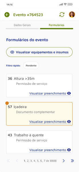 Nova tela do aplicativo Horus com formulários do evento e filtros rápidos